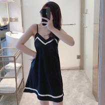 Nightdress female summer with chest pad Ice Silk sexy vest simulation silk suspender skirt summer student Korean cute pajamas Lady