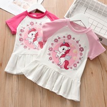 Pure Cotton Girls New Summer Dress Children Cartoon Pony Childrens Clothing Baby Pleated skirt Short sleeve princess dress
