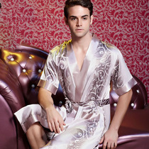 Spring and autumn summer thin silk robe mens short sleeve sexy ice silk bathrobe kimono long sleeve mulberry silk home clothing