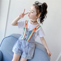 Girls Smiley Face Little Daisy Strap Pants Set Summer 2021 New style Red Pupils Children Two Piece Set