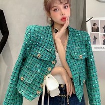 Small fragrant style short coat women 2021 autumn and winter New Plaid heavy industry temperament design sense sequin tweed top