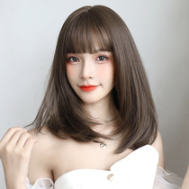 Wig female simulation short hair summer full headgear medium long hair clavicle daily wig set modeling round face cold brown