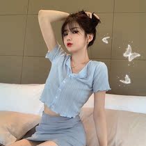 Ice silk knitted short sleeve T-shirt female 2021 new summer sexy Korean version short navel slim niche coat tide