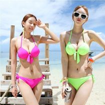Korean fluorescent color sexy bikini swimsuit women thick cup small chest steel support gathered triangular split body swimsuit women