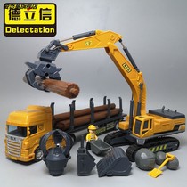 DeLixin wooden machine toys children simulation engineering vehicle Wood transport truck Stone scene breaking hammer excavator