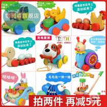 Baby children hand push toddler duckling bear wooden push music baby trolley boys and girls 1-2 years old toys