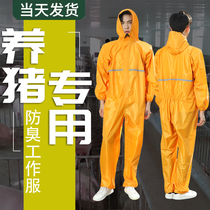 Farm conjoined with hat and deodorant special work clothes for pig feeding mens dust-proof waterproof and oil-proof pig farm protective clothing
