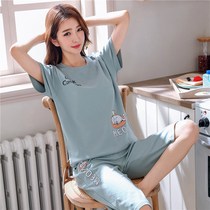 Cotton pajamas womens summer short sleeve Capri pants students cute loose Korean version of large size two-piece home clothes