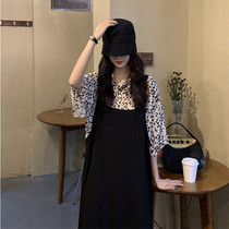 Summer 2021 New loose BAO WEN shirt age-reducing medium length strap skirt set female students Foreign style two-piece set