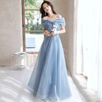 Straight Shoulder Evening Dress Dress Lady 2021 New Banquet Air Quality Light Lavish High-end Host Blue Advanced Sensation