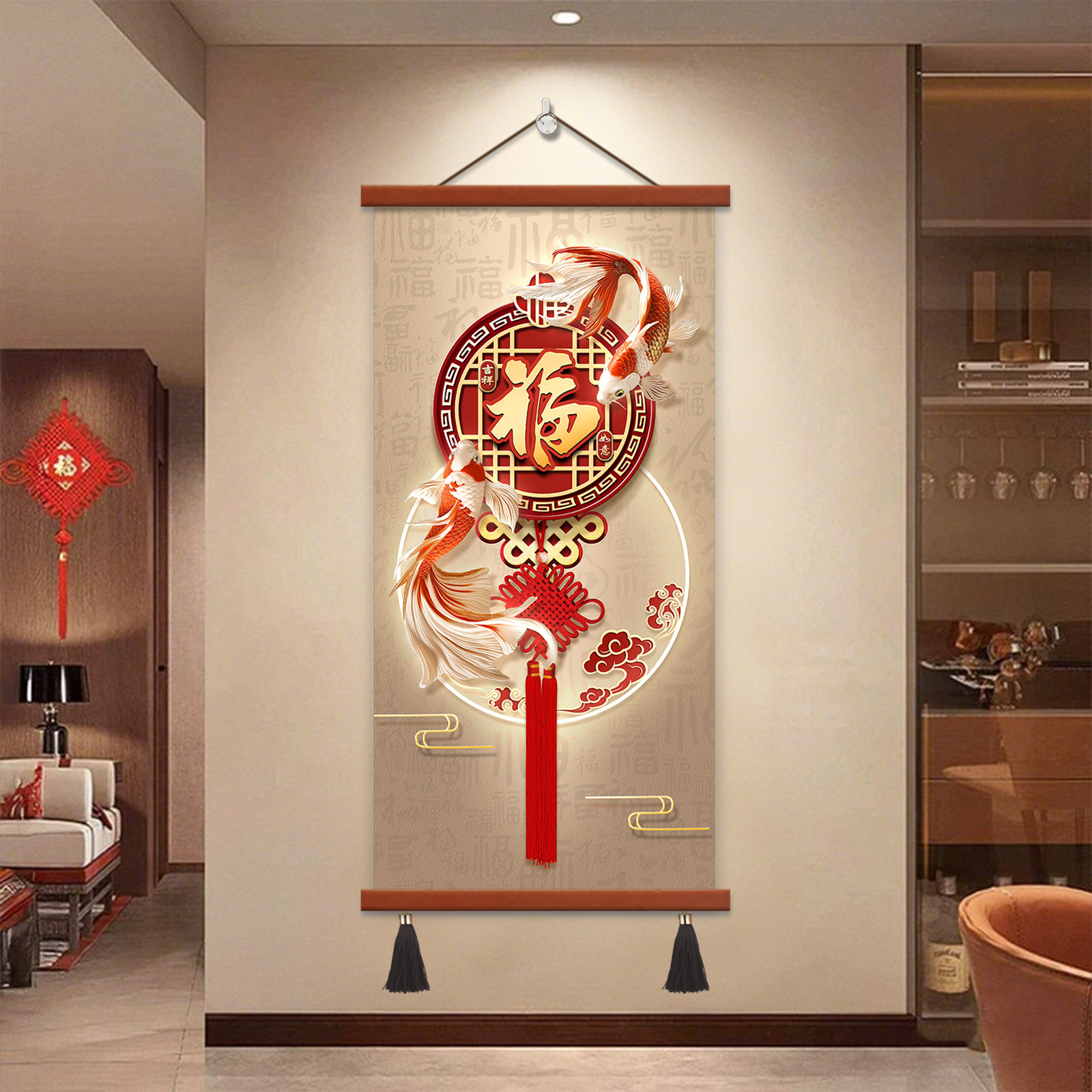 新中式玄关装饰画福字锦鲤走廊挂画-新中式玄关装饰画福字锦鲤走廊挂画
