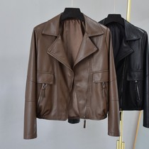 South Korea leather coffee coat woman 2023 Spring and Autumn new suit collar casual short leather jacket