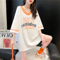 Hot mom pregnant woman summer dress V collar letter cotton short sleeve pregnant woman T-shirt summer long pregnant woman short sleeve shirt thin