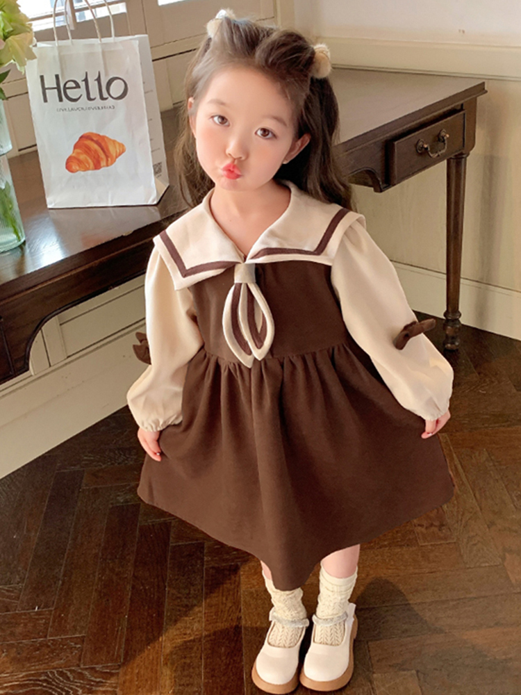 Girls' Navy Neck Dress 2023 New Autumn Dress Children's Baby Children's Clothing Foreign Style Academy Style Princess Dress