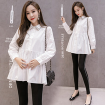 Pregnant woman t-shirt spring autumn clothes suit Korean version loose white shirt with long style blouses dollshirt in summer Two sets
