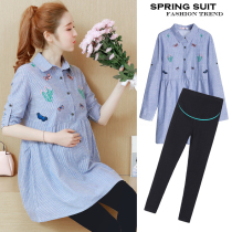 Pregnant womens set autumn fashion literary cotton linen embroidered shirt dress Spring and Autumn long sleeve two-piece tide mother