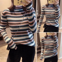 European station 2021 new autumn and winter half high neck knitted striped sweater female slim long sleeve base shirt T-shirt top