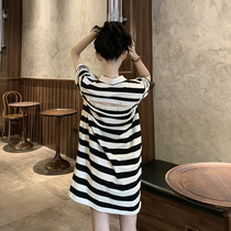 Striped black and white t-shirt dress womens summer 2021 new loose thin halter heart machine age-reducing short-sleeved polo dress