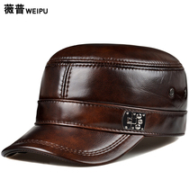 Leather hat mens ear protection winter cold cowhide flat top cap middle-aged and elderly warm cotton old man father
