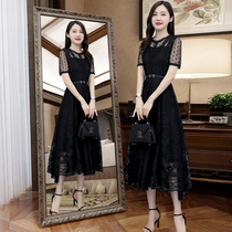 2021 summer new black short-sleeved lace dress femininity medium-long fashion waist thin skirt