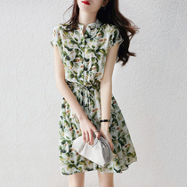 High-end floral dress womens summer refreshing green silk mulberry silk lace-up waist thin skirt
