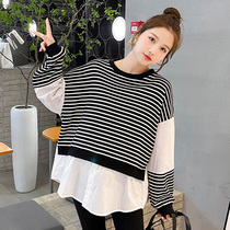 Pregnant women Autumn New set fashion doll shirt fake two-piece striped long sleeve shirt large size Net red two-piece set