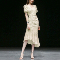 Caring Kiss new summer womens temperament Chiffon waist long dress skirt bubble sleeves fish tail medium-long section