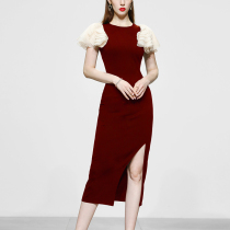 Caring Kiss2021 new womens wine red temperament skirt sexy thin medium-long dress female