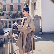 Khaki windbreaker coat womens retro plaid stitching Spring and Autumn New 2021 Korean loose English style coat