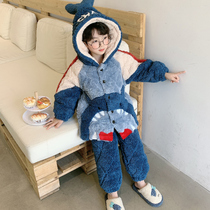 Childrens pajamas for boys and boys in winter with three layers of cotton thickened super thick coral velvet winter flannel home wear