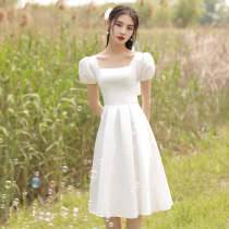 White small evening gown woman can normally wear registration lead certificate Little white dress French style engagement dress knot wedding photo clothes