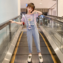 Girl Denim Back Belt Pants Suit Summer Dress 2022 New Ocean Gas Trendy Children Dress Girl Summer Two Sets of Tides