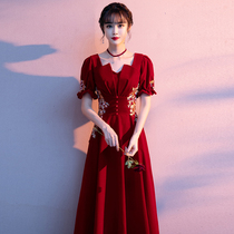 Chinese toast bride 2021 new autumn long red velvet back dress wedding evening dress spring and autumn