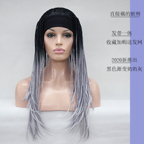 Wig dirty braided female long hair headband one-piece hip hop black gray gradient color twist pigtail full headgear