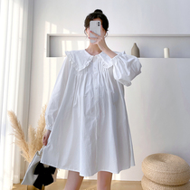 2022 Spring online red new pregnancy woman dress Long sleeve Korean version doll collar shirt dress with dress open button to breastfeed