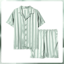 2022 new ice silk satin pajamas mens summer short sleeves thin simple striped haute couture set