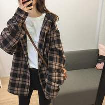 Japanese SLY hooded plaid shirt Womens Spring and Autumn New loose long sleeve top aged age reduction medium long coat