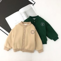 Male baby plus velvet coat 2021 autumn and winter boys baseball uniform warm outside wearing small children thick sweatshirt foreign atmosphere