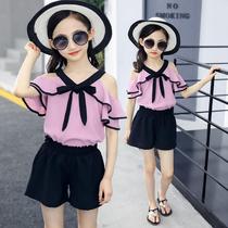 2021 new swimsuit suspender summer childrens thin section middle and large childrens two-piece set girls net red suit summer dress foreign style