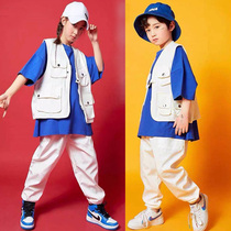 Childrens hip-hop hip-hop dance suit Girls jazz drum set performance suit Blue and white personality vest Boys catwalk suit