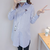 Pregnant womens shirt Spring and Autumn long sleeve medium length striped shirt Korean version large size loose professional wear fashion wild shirt