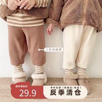 Boys and girls plus velvet pants thickened 2021 New Korean trousers childrens baby winter warm bottoming casual pants