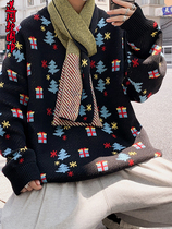 Round neck sweater mens autumn and winter casual wear scarf Christmas print couple inside sweater sweater sweater