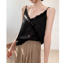 Black silk camisole vest female summer wear v-neck sexy versatile satin lace inner bottom sleeveless top