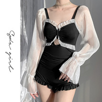 One-piece swimsuit female summer 2021 new belly thin seaside flat corner conservative fairy small chest long sleeve swimsuit