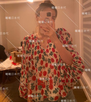 Xixi day generation GANNI 21 spring and summer Jin Zhini with the same bubble sleeve printing pleated loose Chiffon shirt top