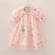 Girls Summer Qipao Dress Dress 2022 Butterfly Short Sleeve Retro Princess Veil Dress Baby Lace China Wind Skirts