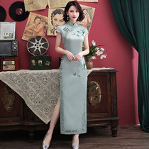 Embroidered long cheongsam 2021 new young female retro etiquette catwalk performance modified dress summer