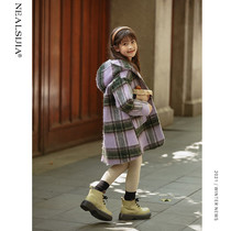 Girls tweed coat 2021 autumn and winter clothes new big Children girls long English style plaid woolen coat