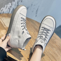 Hong Kong leather high-top shoes women 2021 spring new flat cowhide cowhide womens shoes a pedal small white shoes women